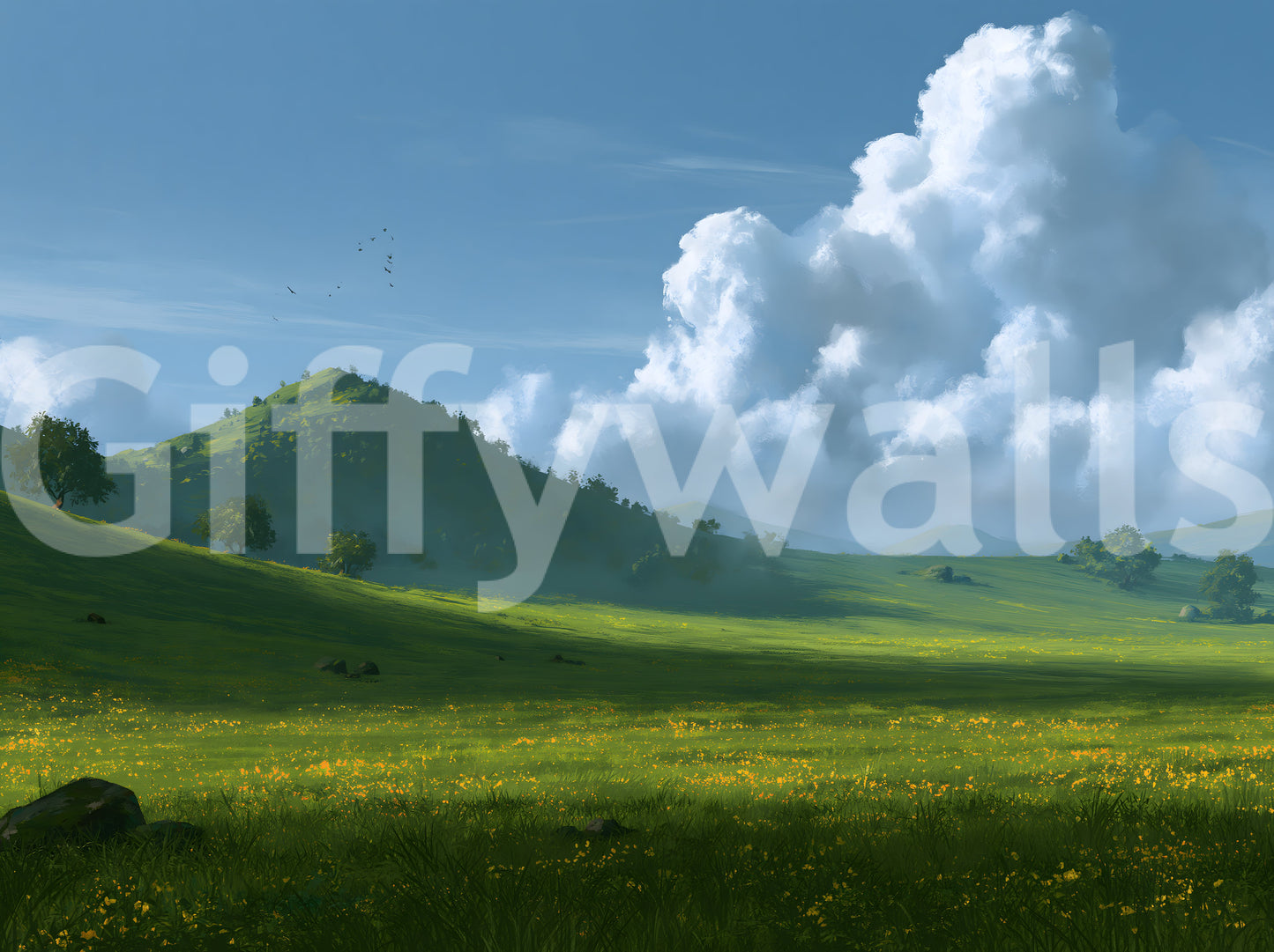 Wandbild mit sanften grünen Hügeln und sommerlichem Himmel