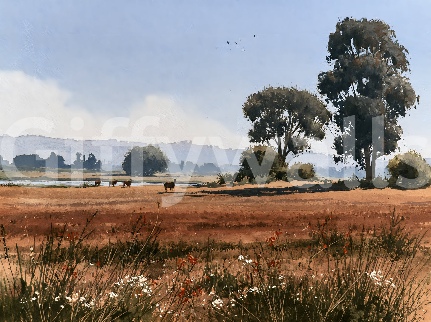 Fresque murale paysagère de la faune dans une prairie sereine