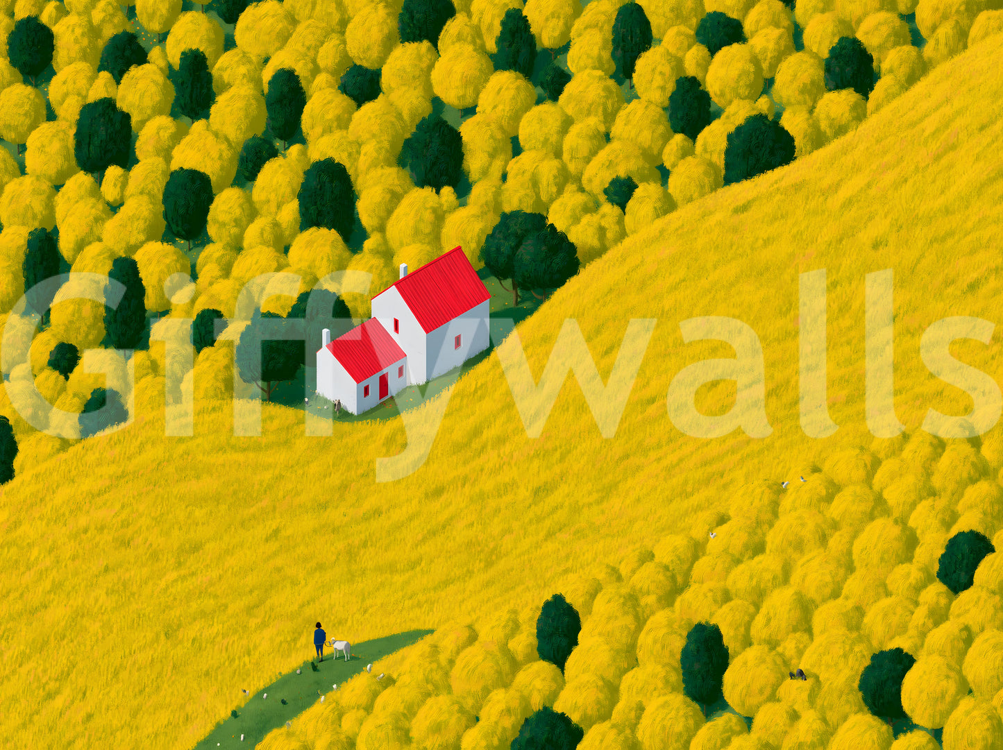 Fresque murale représentant un paysage rural ensoleillé avec un cottage