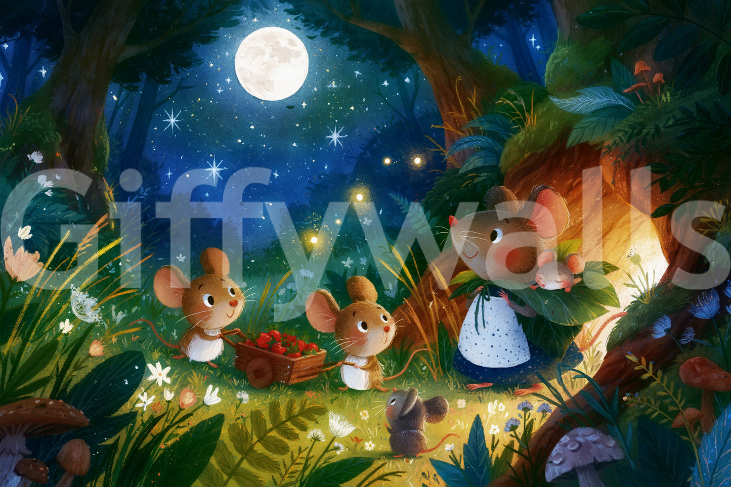 Mural de pared Reunión de ratones en el bosque de medianoche