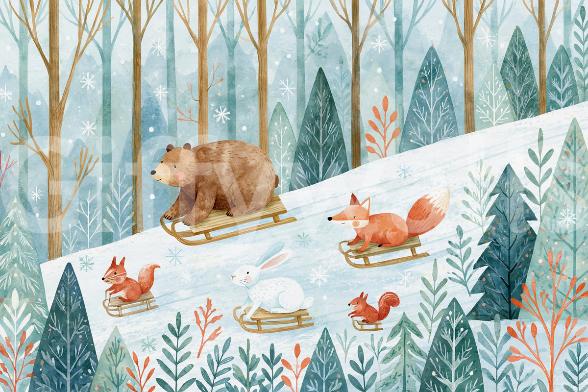 Wandbild „Winterwald-Freunde: Rodelabenteuer“
