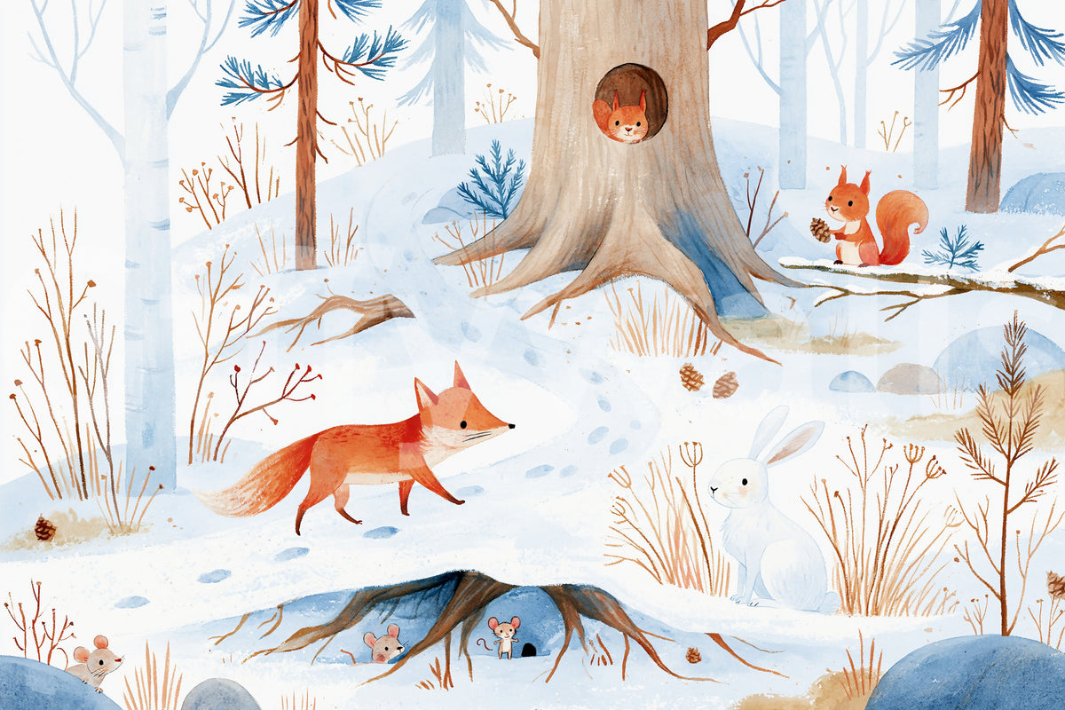 Fresque murale « Jour de neige en forêt dans un paysage hivernal scandinave »