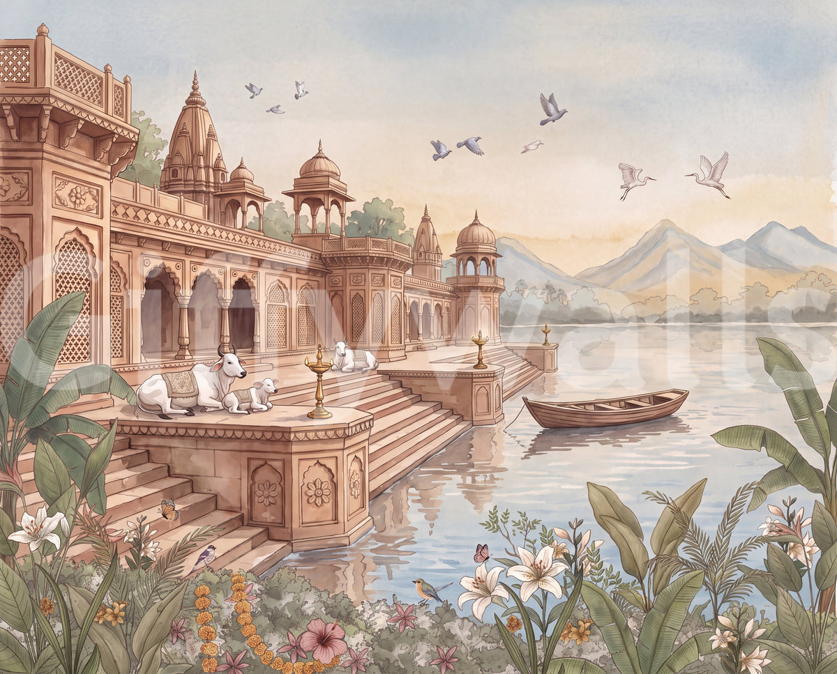 Full watercolor panel of the sandstone ghats, river, cows and dawn sky GD13093
