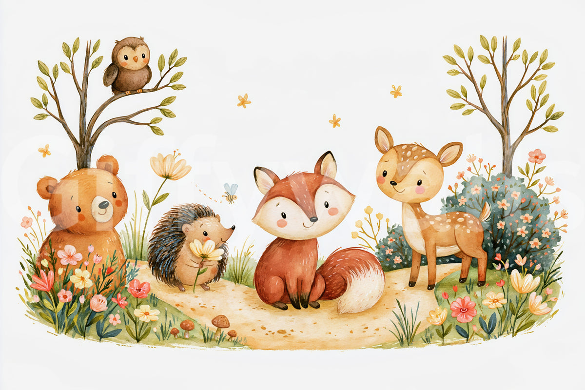 Mural de pared de escena en acuarela de amigos de un bosque otoñal de fantasía