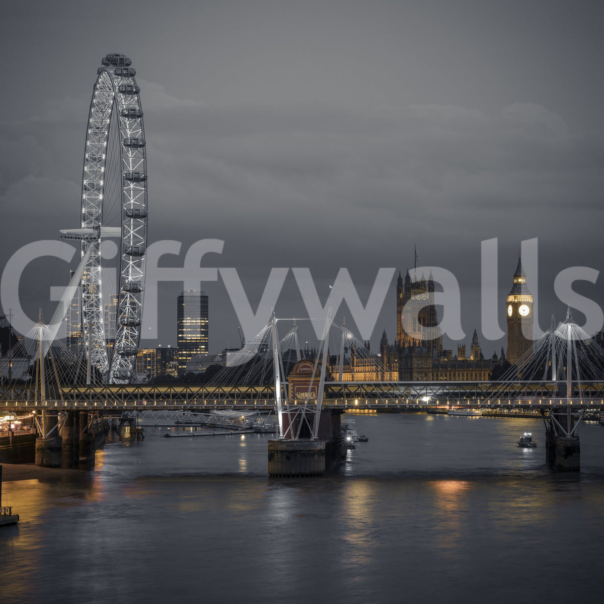 Väggmålning med Londons landmärken vid floden i natt