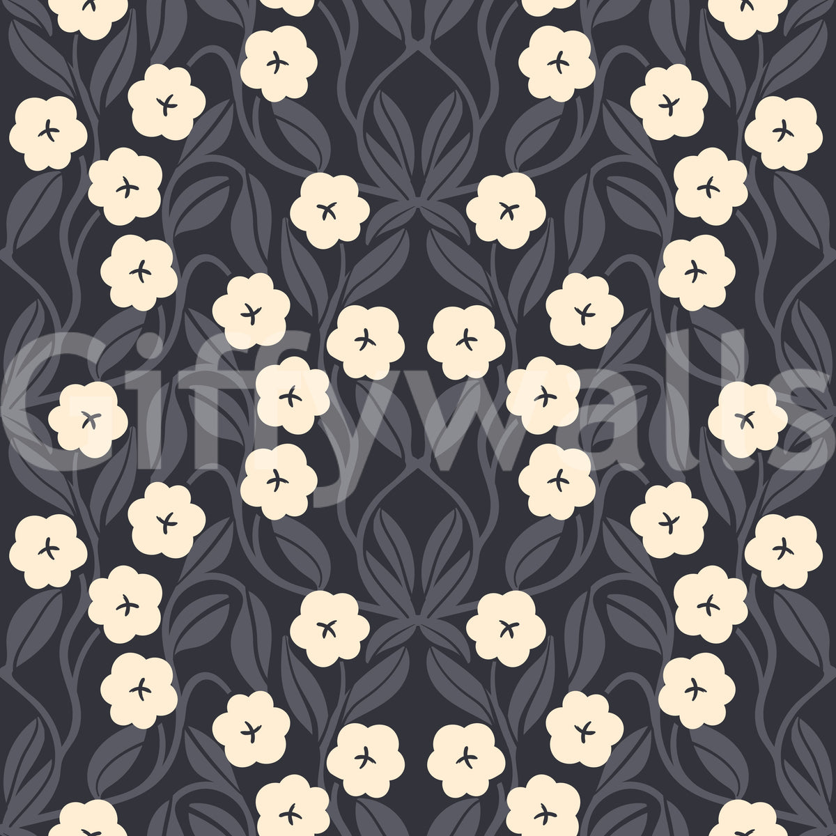 Minimalistische Tapete mit floraler Symmetrie in Anthrazit