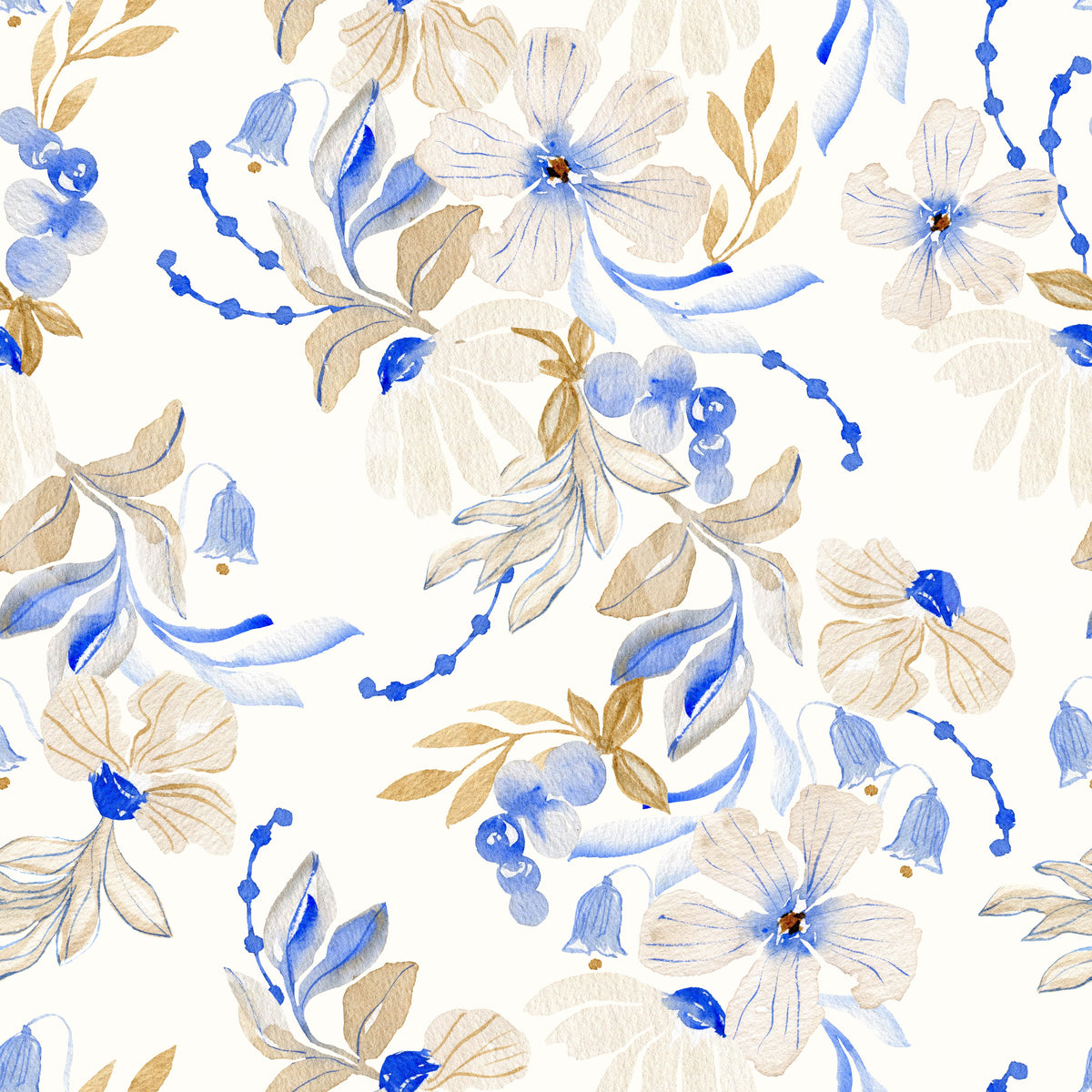Papier peint botanique floral à l’aquarelle bleu et beige