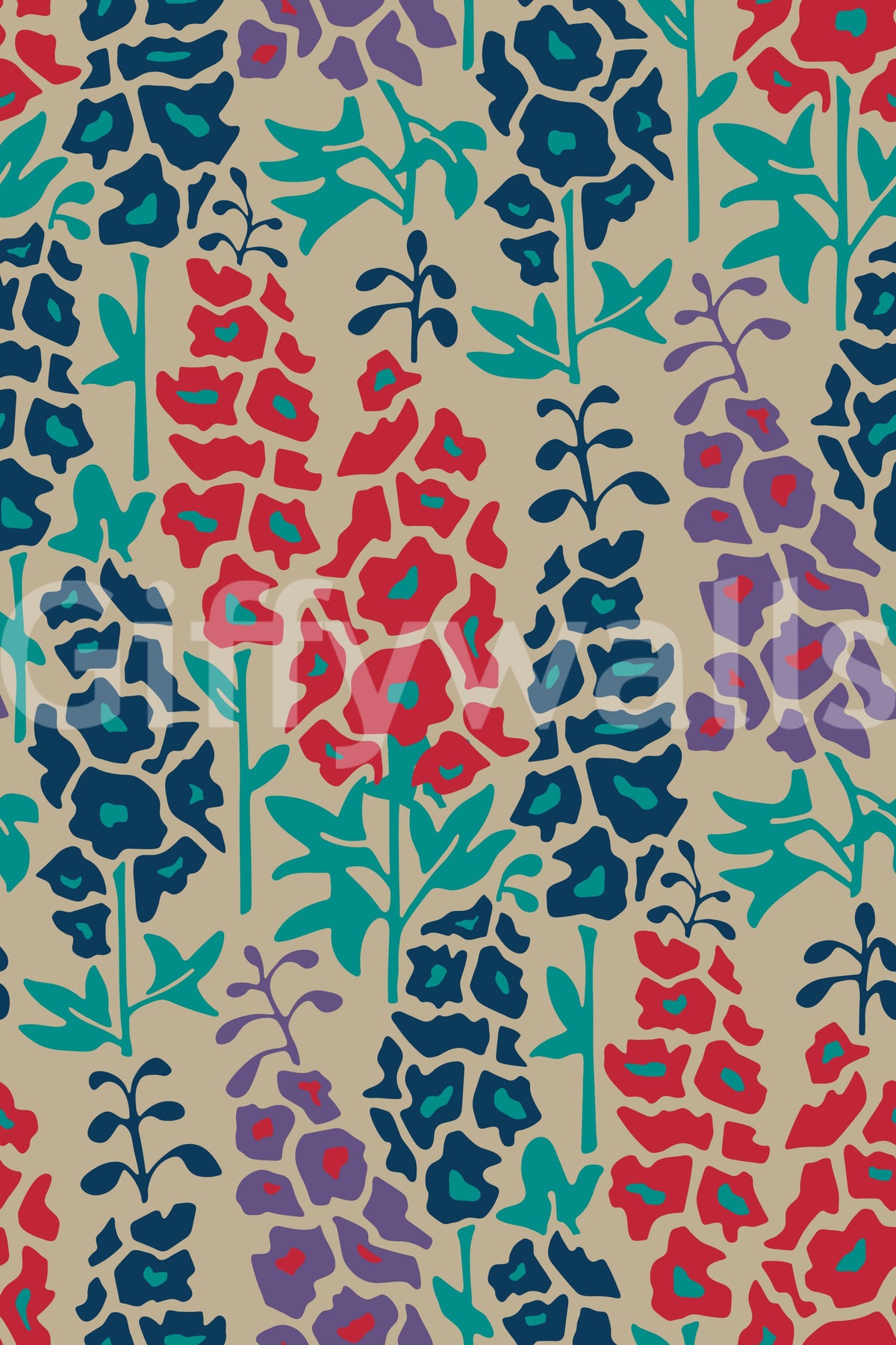 Papier peint fleuri estival rétro Delphinium Garden, bleu marine, rouge et violet