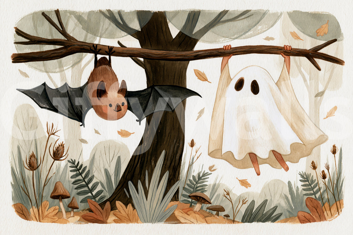 Little Ghost and Bat in Scandinavian Woodland Wall Mural