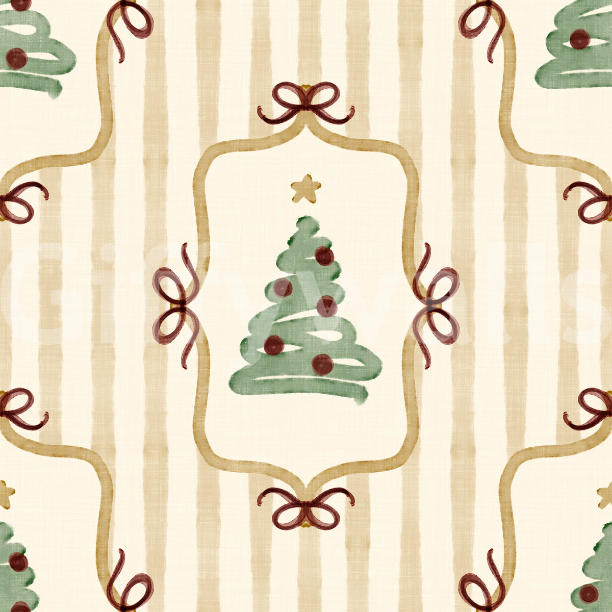Papier peint à rayures de rubans et de nœuds de sapin de Noël preppy - Jaune or antique