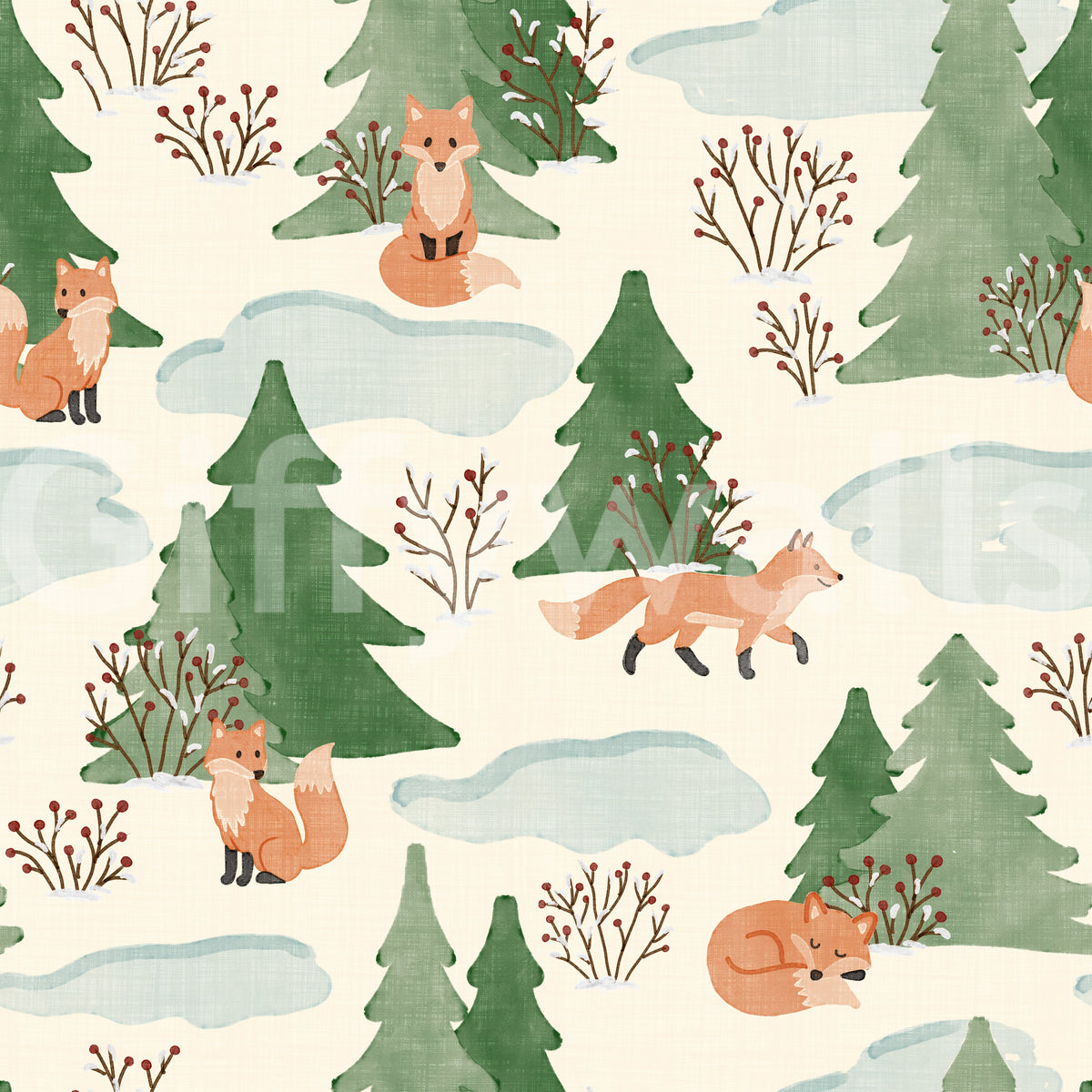 Aquarell-Weihnachtsfuchs und Kiefern - festliche Muster-Tapete