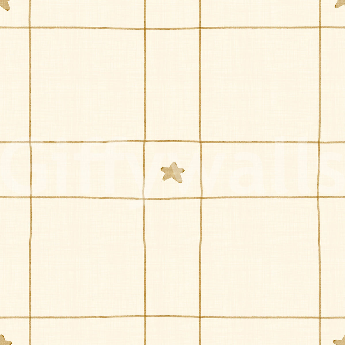 Carta da parati gialla color oro anticato con motivo a quadri Windowpane minimalista e stelle disegnate a mano per le feste