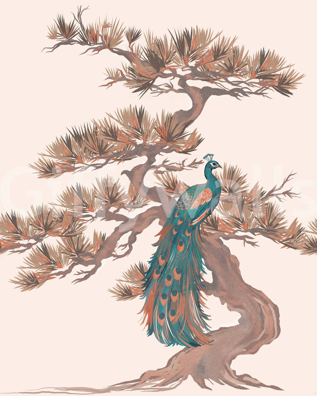 Mural de pared con motivo chinoiserie de pinos y aves
