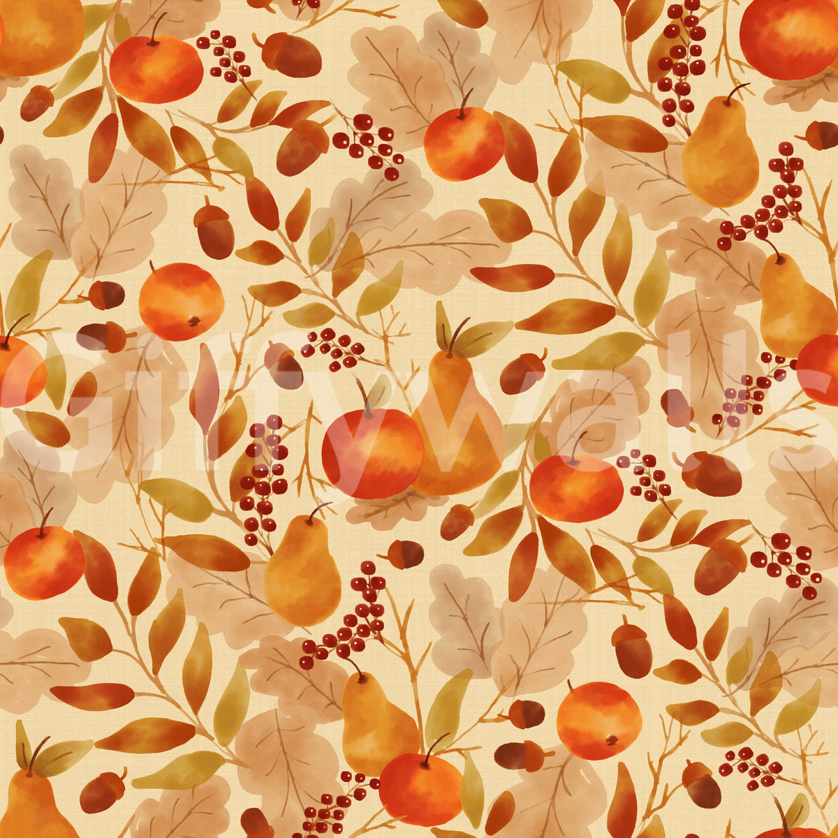Carta da parati con motivo autunnale di frutti e foglie ad acquerello su sfondo color crema