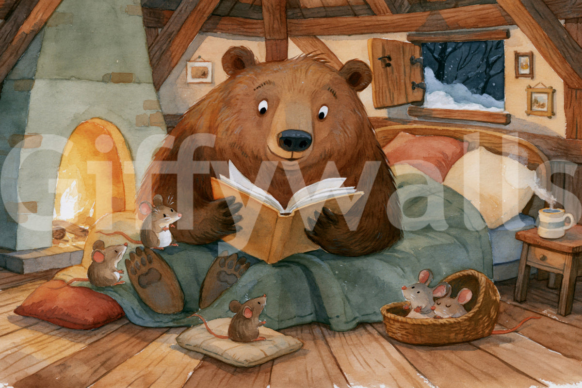 Panoramique mural scène hivernale dans une cabane avec un ours, des souris et une histoire au coin du feu en forêt
