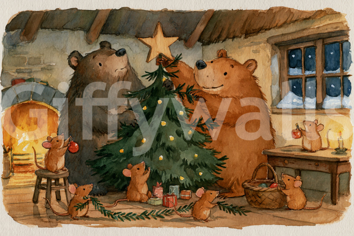 Waldtiere-Freunde: Bären schmücken einen Weihnachtsbaum mit kleinen Mäusen - Wandbild mit Geschichte