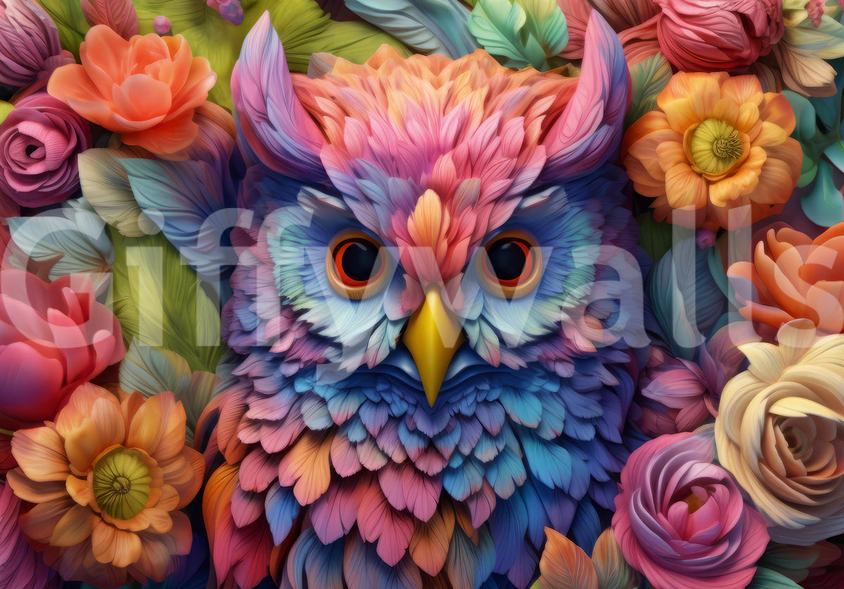 Papier peint panoramique mural représentant un hibou floral aux couleurs éclatantes