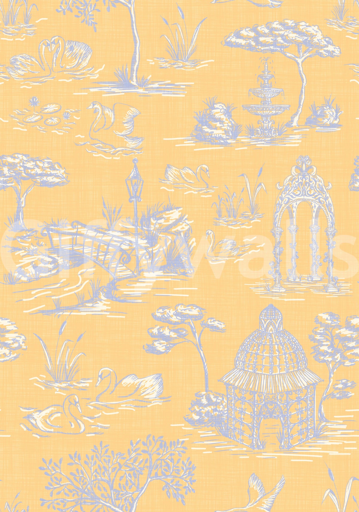 Moderne Toile-de-Jouy-Schwan-Szenerie im viktorianischen Garten - Moderne Tapete mit pastelligem Kontrast