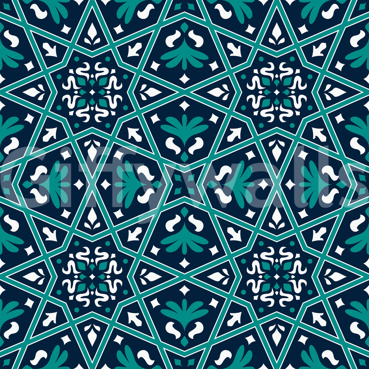 Tapeta w geometryczny wzór gwiaździstych płytek w kolorze granatowego turkusu