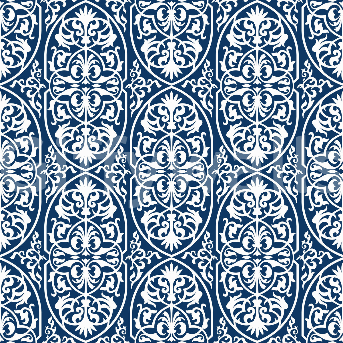 Carta da parati con motivo a volute damascate color mezzanotte