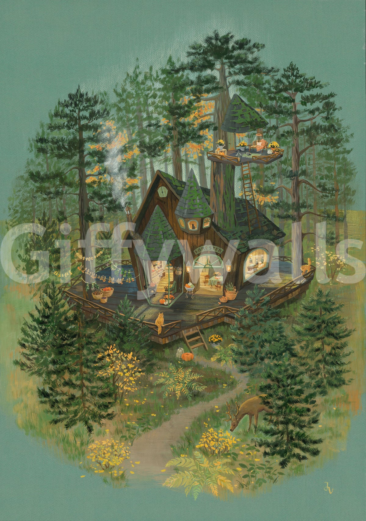 Wandbild-Illustration „Rückzugsort des Försters im Wald“