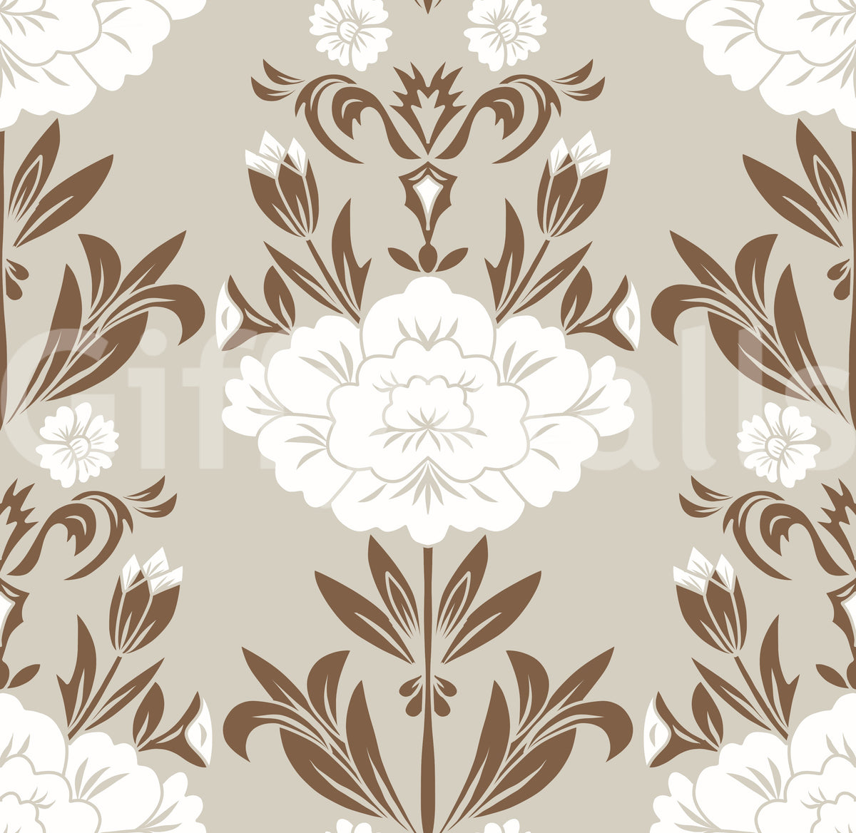 Blumentapete mit Damastmuster in Creme und Braun