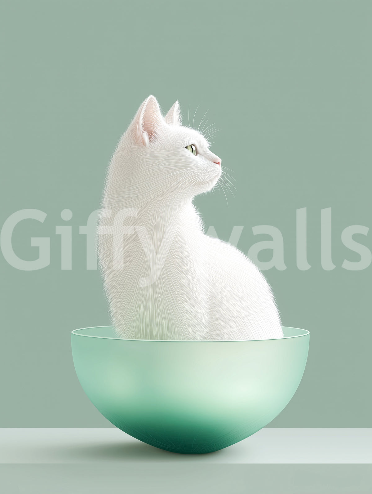 Minimalistisk veggmaleri med hvit katt i mintgrønn skål