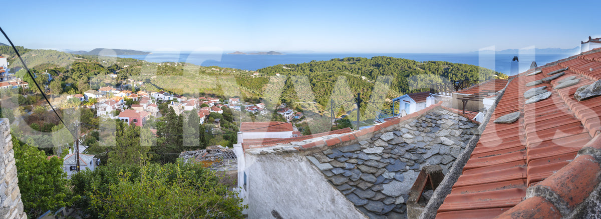 Rustikales Wandbild „Terrakotta-Dächer mit Aussicht“