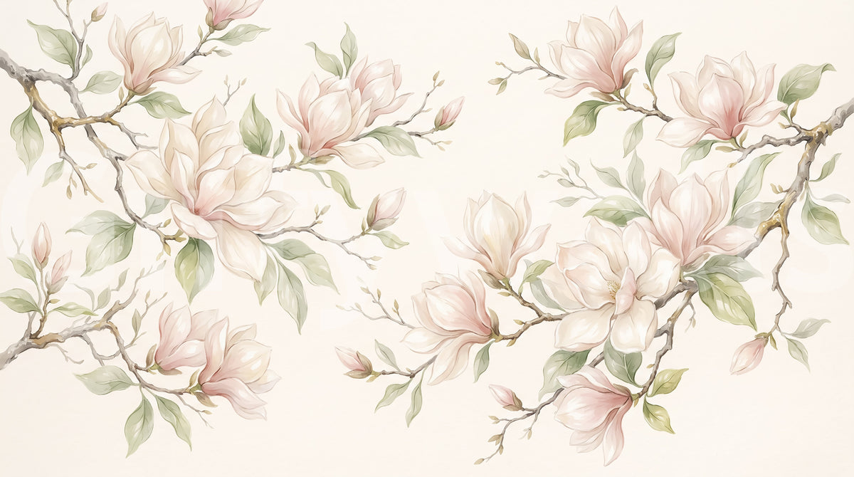 Papier peint panoramique mural représentant des branches de magnolias à l’aquarelle douce