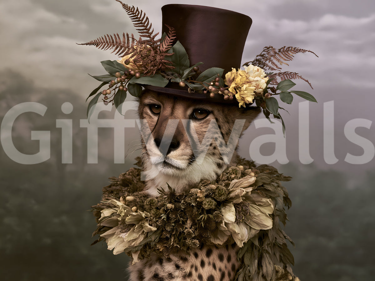 Wandbild „Gepard mit Zylinder und Blumenkrone“