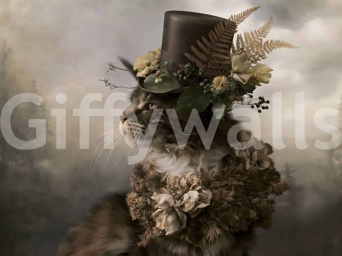 Mural de parede de gato aristocrático com cartola floral