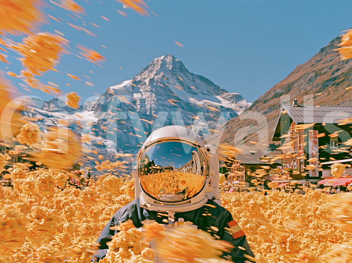Fresque murale « Astronaute au milieu de fleurs alpines dorées »