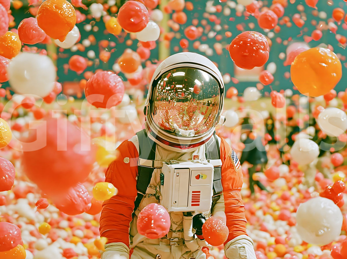 Muurschildering van een astronaut tussen zwevende bollen