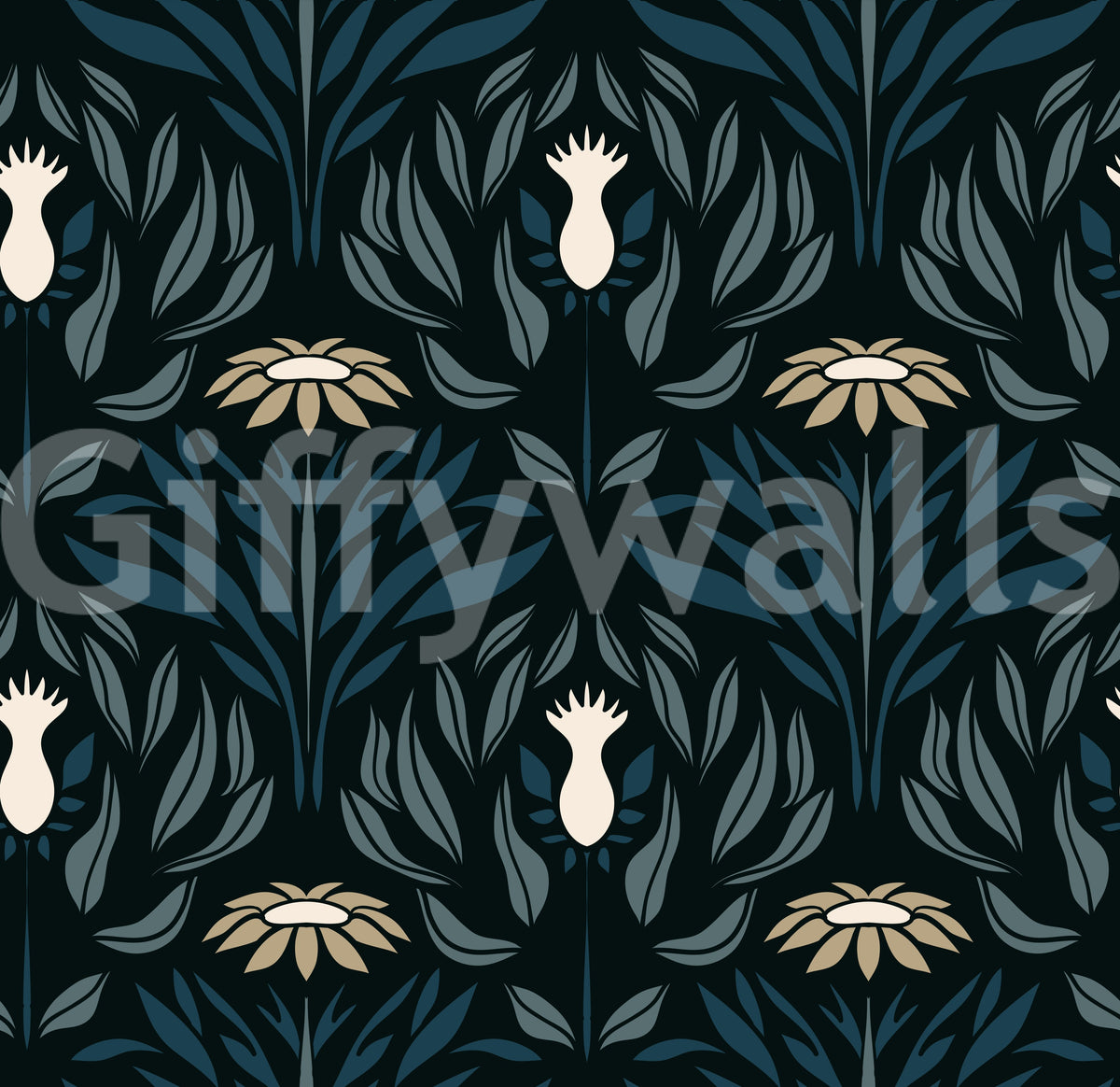 Teal and Cream Floral Symmetry Wallpaper