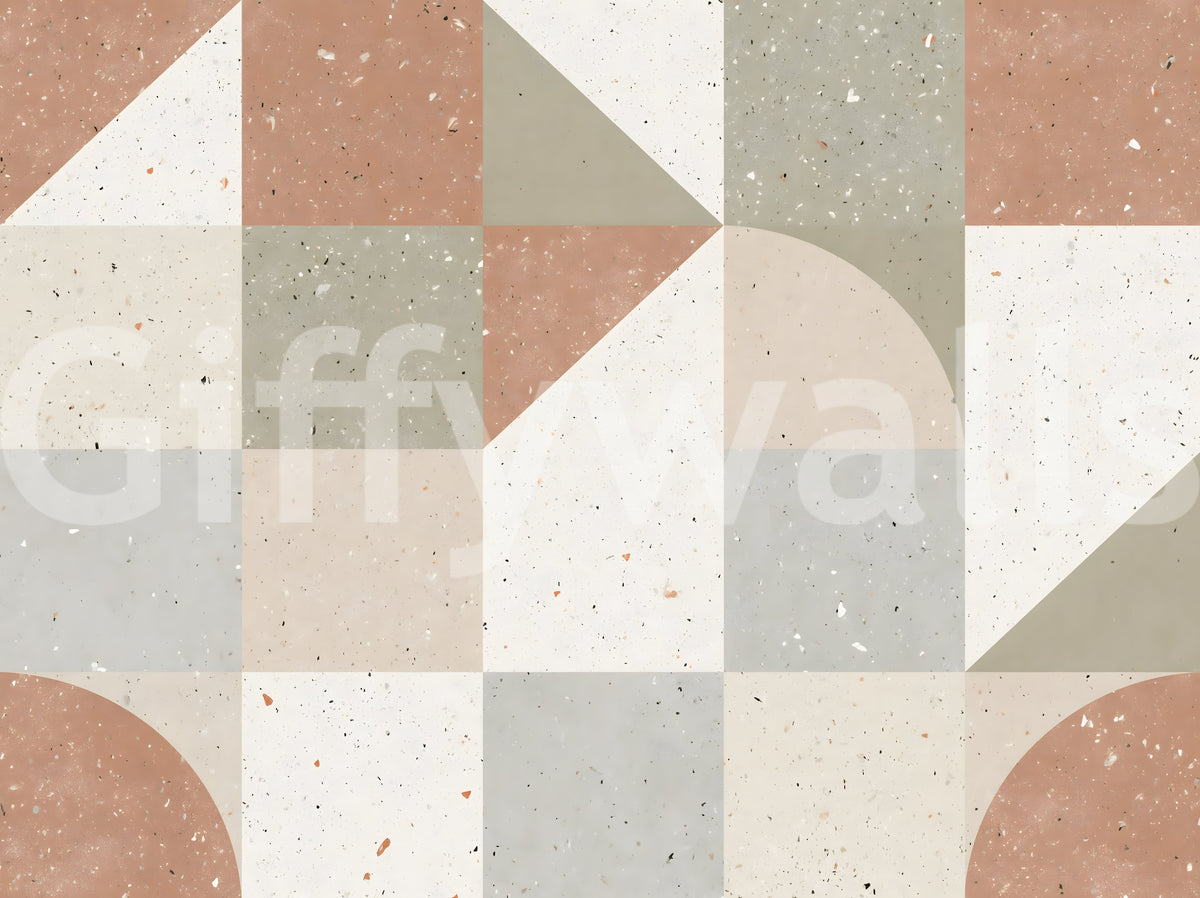 Papier peint panoramique mural avec composition géométrique de carreaux en terrazzo