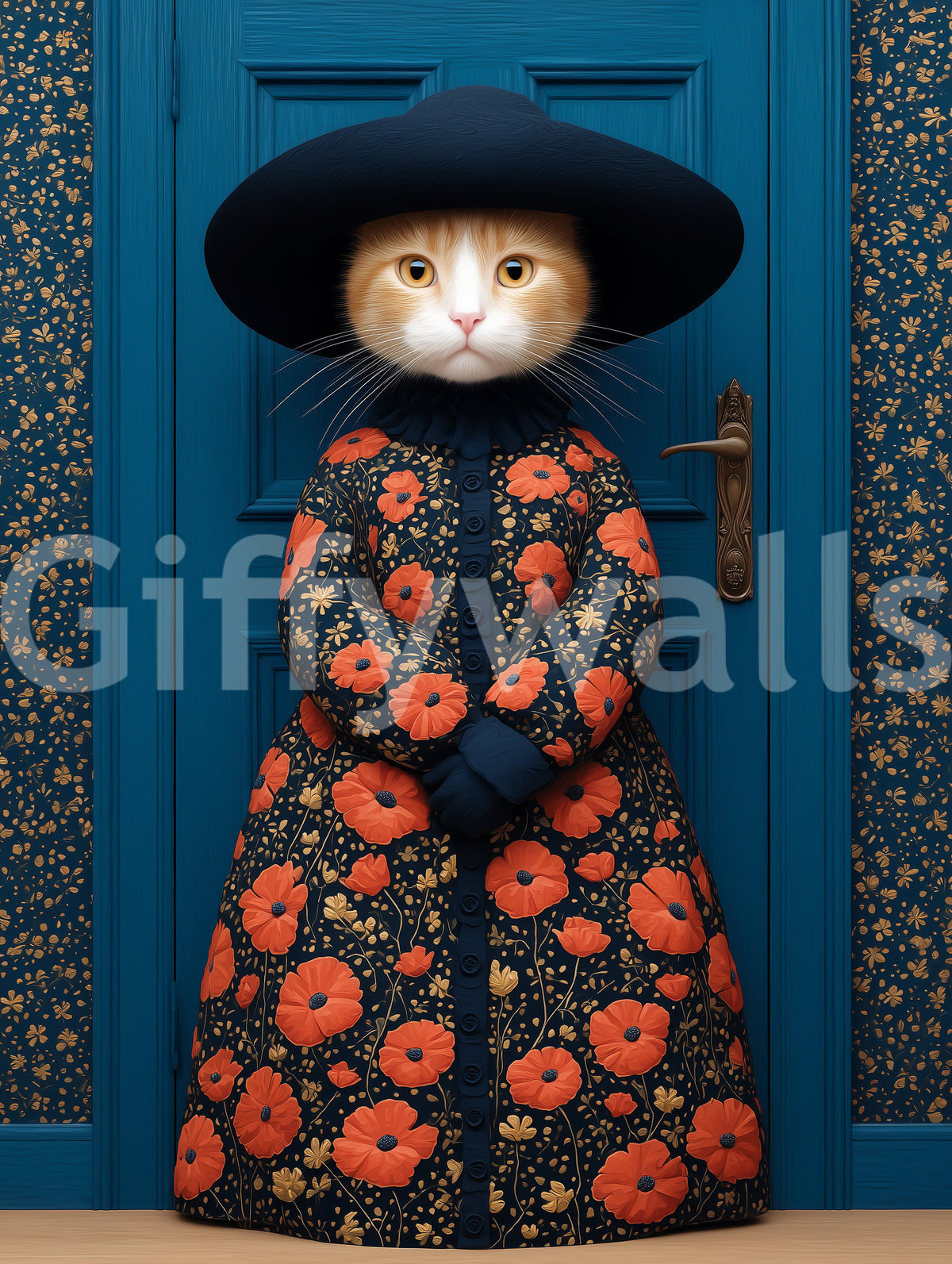 Wandbild „Königliche Raubkatze“ mit Mohnblumenmuster-Kleidung