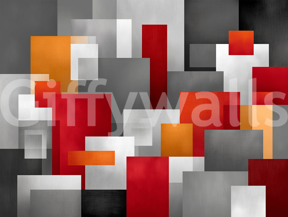 Geometrisches Wandbild mit roten und grauen Blockformen