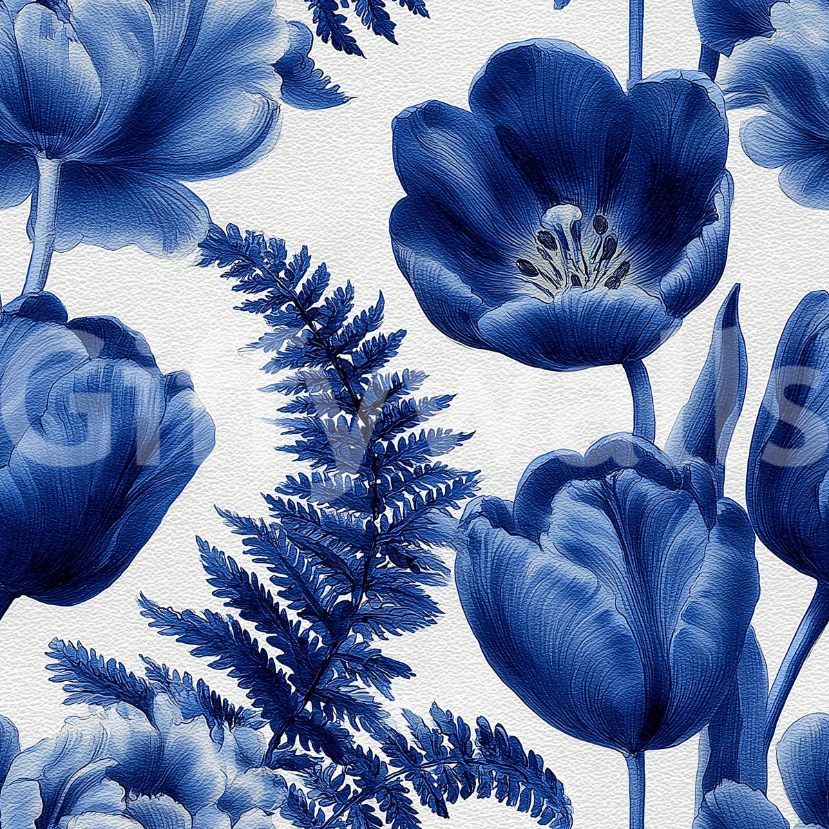 Indigoblauer botanischer Tulpen-Farn-Skizzen-Tapetenentwurf