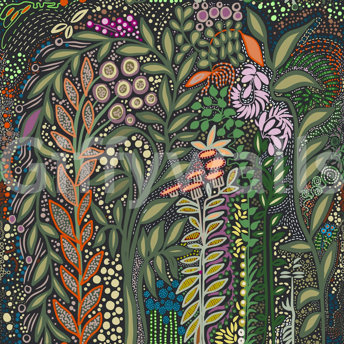 Dunkle botanische Wiesen-Tapisserie-Tapete