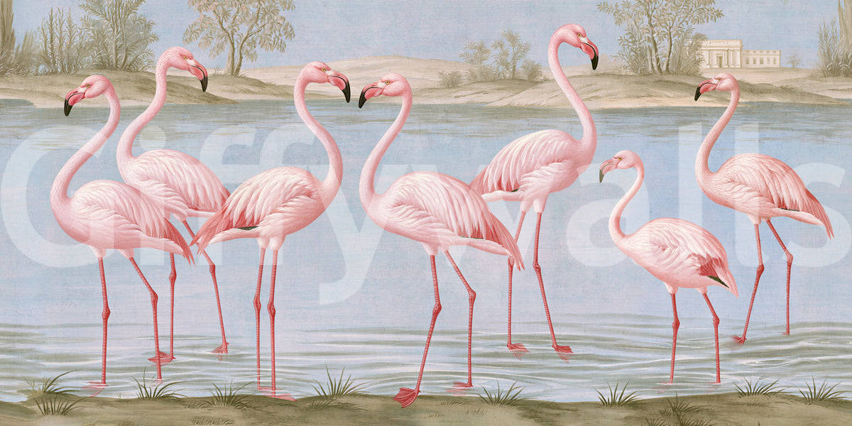 Wandmuurschildering Flamingo-oase met rivieroeverlandschap