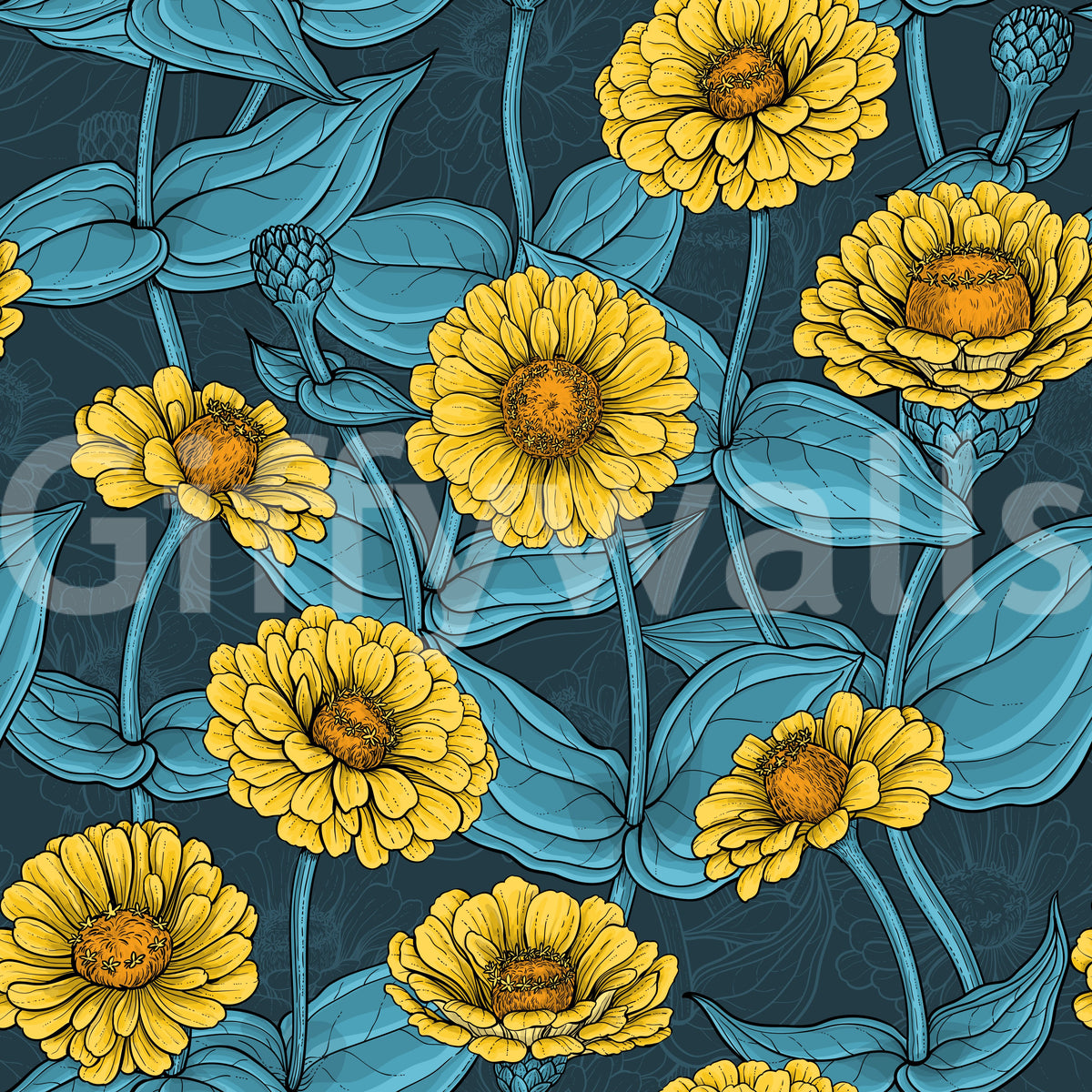 Botanische Tapete „Gelber Zinniengarten“
