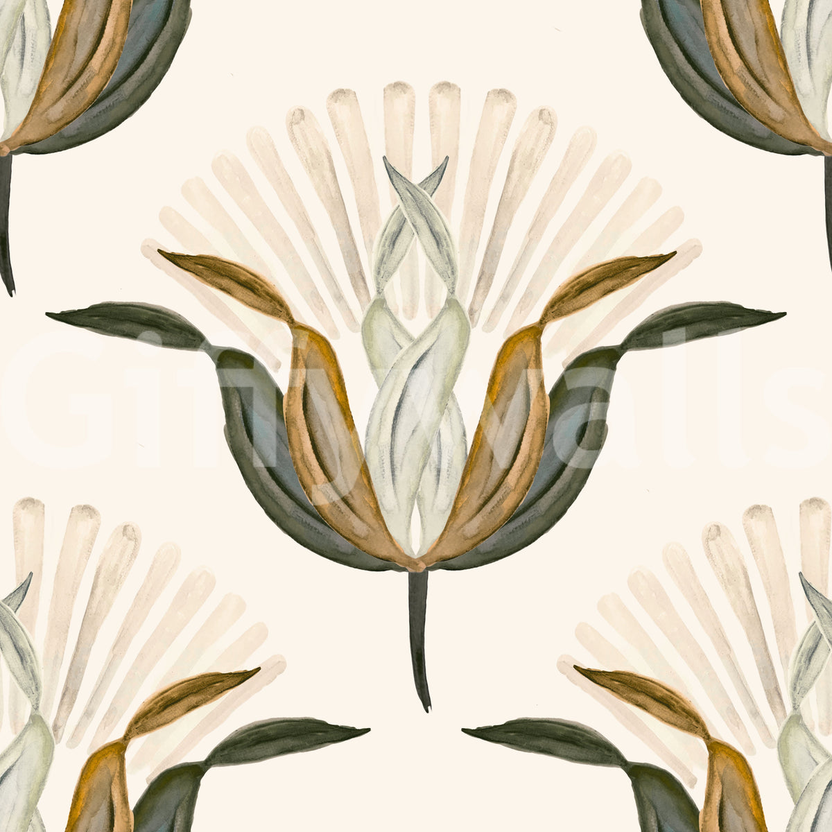 Carta da parati con fiori di loto verdi e color ottone