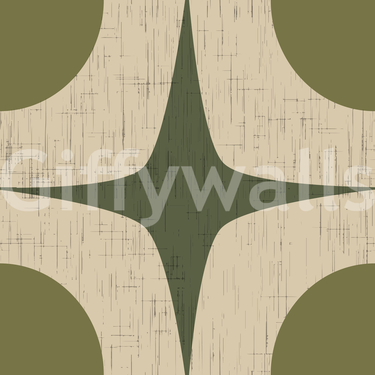 Carta da parati vintage geometrica con motivo a stella esplosiva Mid-Century verde oliva