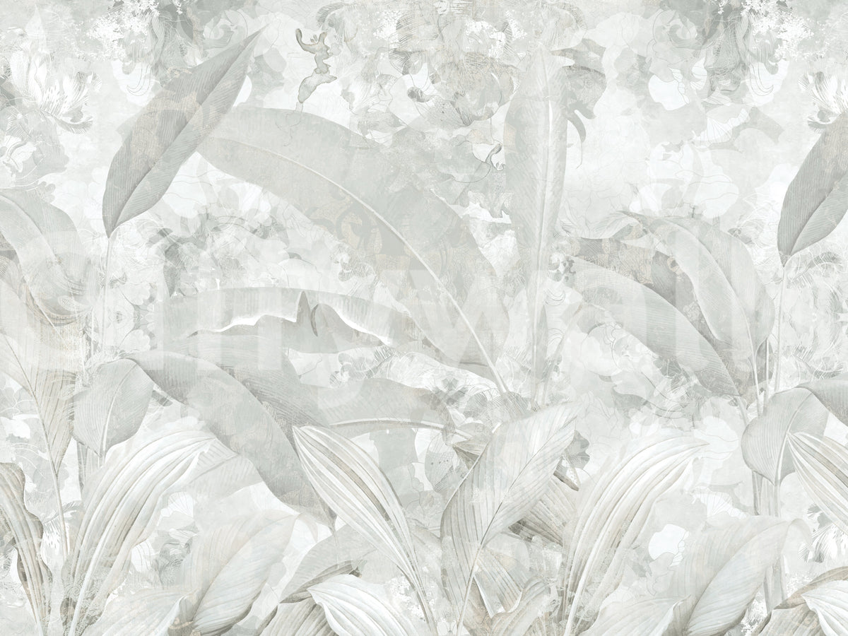 Soft Grey Tropical Botanical Wall Mural Wall Mural