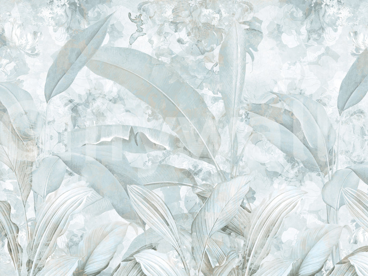 Wandbild mit botanischen Bananenblättern in Eisblau