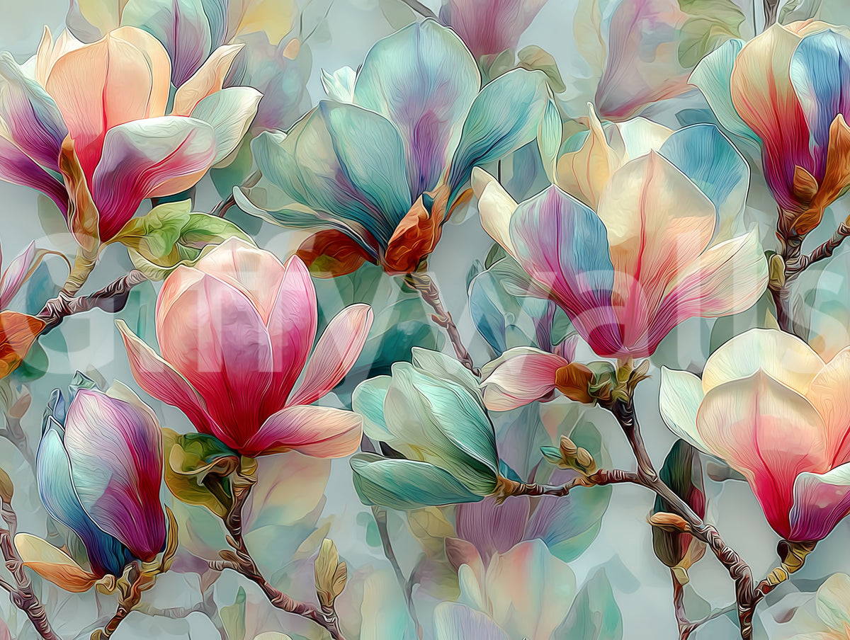 Botanisk vægmaleri med magnolier i forårsblomst