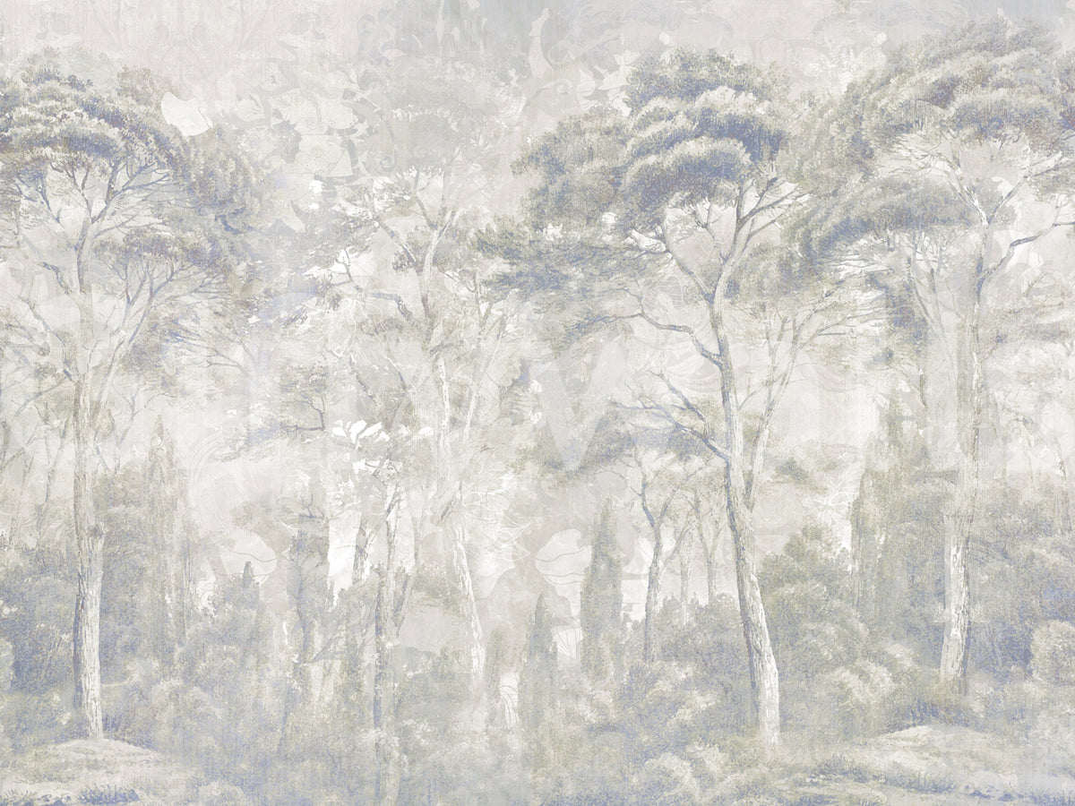 Fototapeta ścienna Misty Forest Landscape w ciepłym piaskowym i szarym odcieniu
