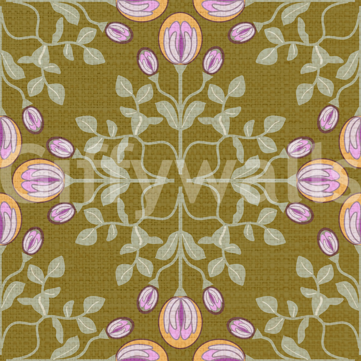 Symmetric Floral Renaissance on Olive Green Wallpaper