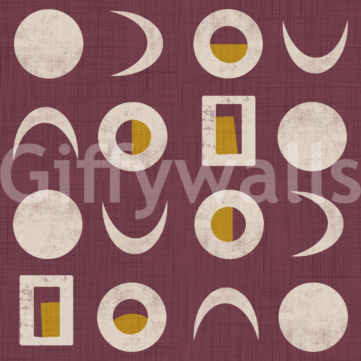 Papier peint phases de lune bordeaux, style mid-century
