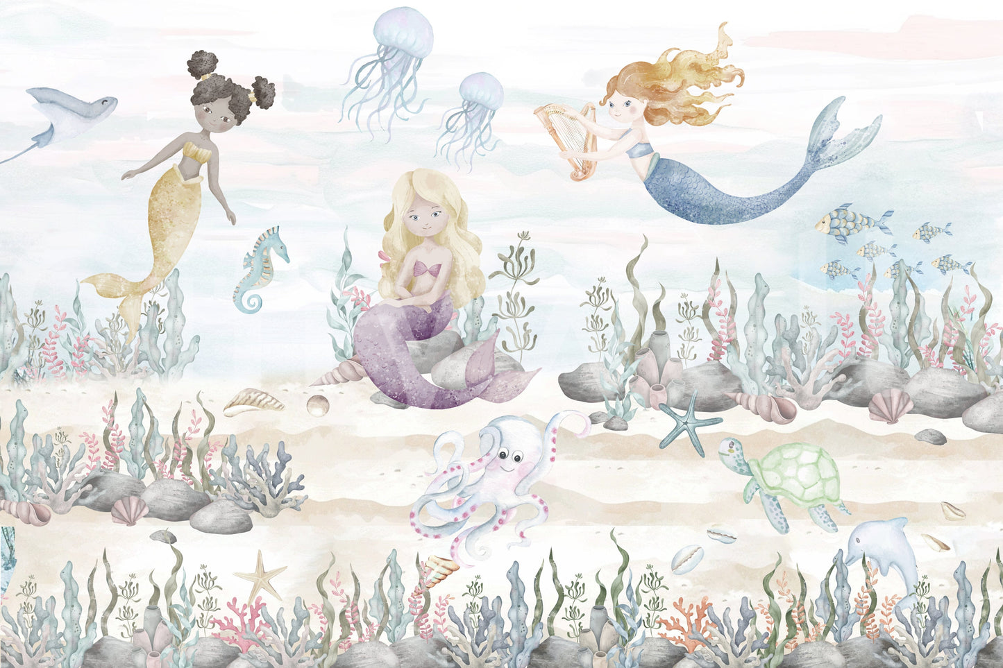 The view shows the mermaid in a serene, hidden lagoon.